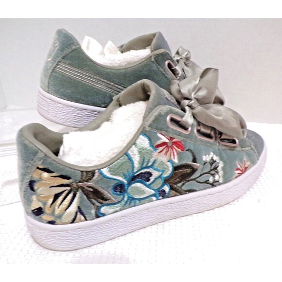 Puma Basket Heart Hyper Embroidery Gray Embroidery w/Flowers Ribbon Lace Sz 8.5 - Picture 3 of 6